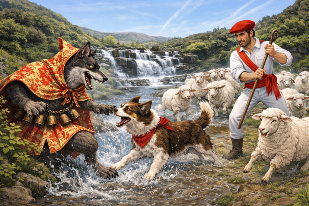 Lobo atacando a las ovejas con el perro y el pastor defendiéndolas